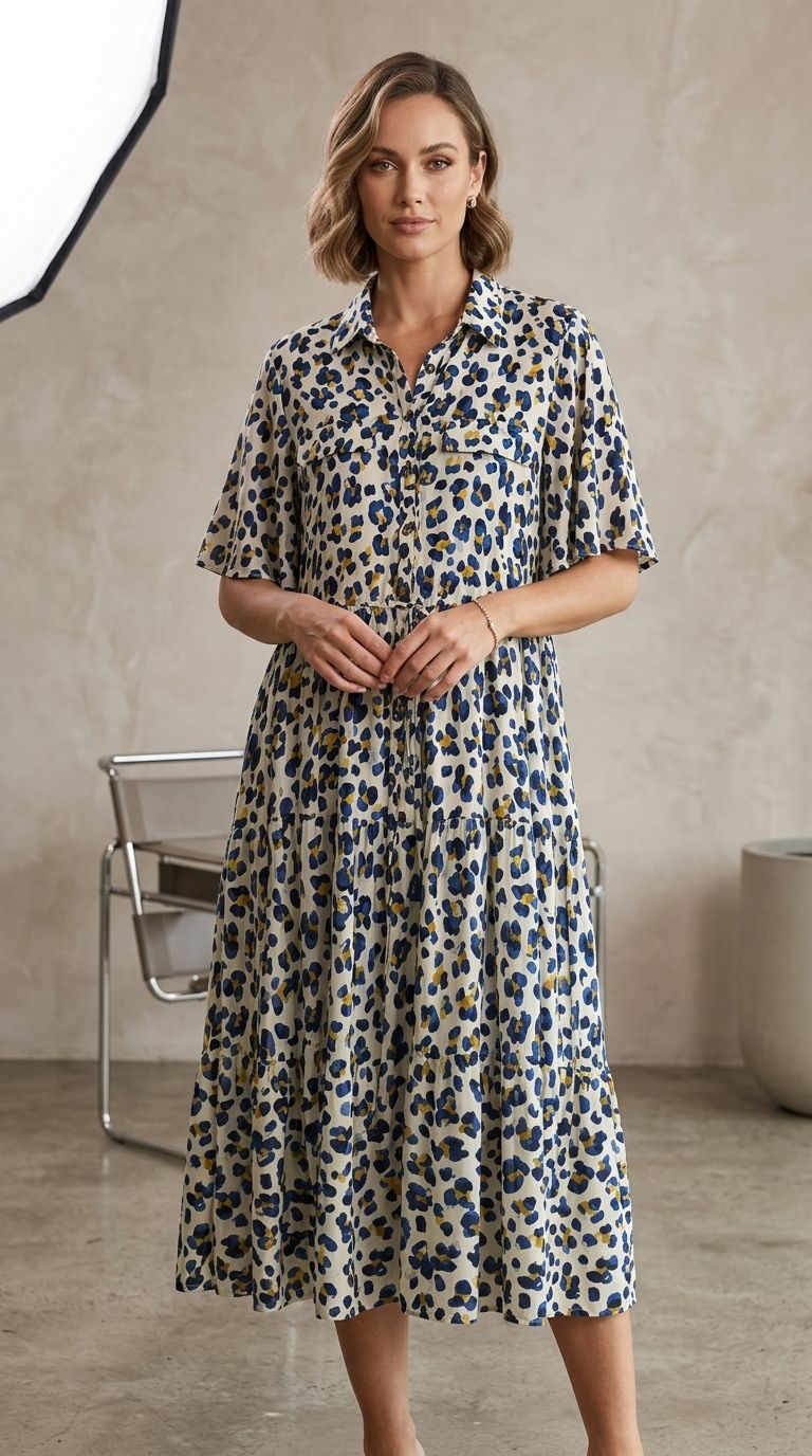 Cream Leopard Print Tiered Shirt Dress