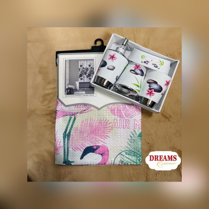 Fabric shower curtain and 4 piece bathroom accessories