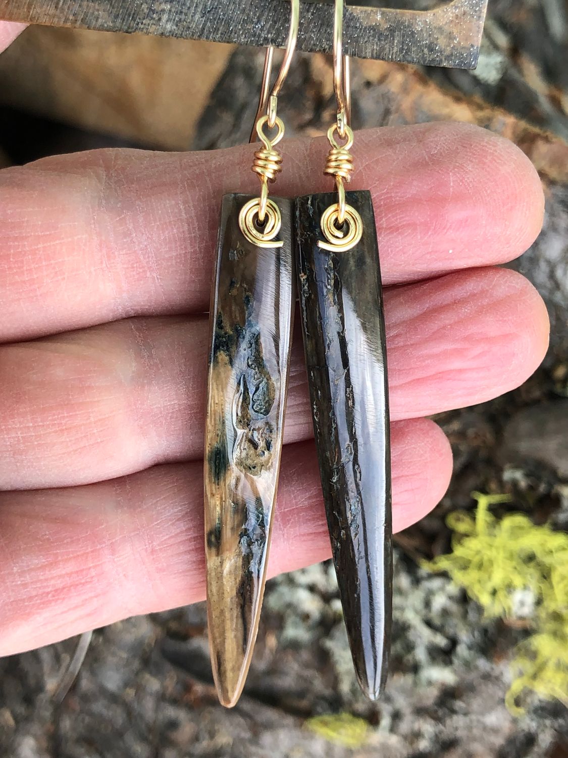Alaskan Woolly Mammoth Ivory “ Blue bark” Ice age “dagger” earrings