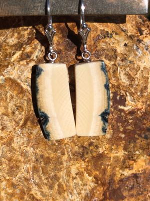 Rare Siberian Woolly Mammoth blue bark Ivory “Slice” Ice age earrings. Sterling Silver.