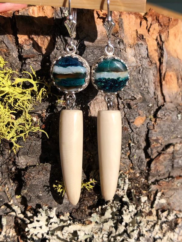 Alaskan Prehistoric Woolly Mammoth Tooth and Ivory Sterling Silver “Ice Age” Earrings