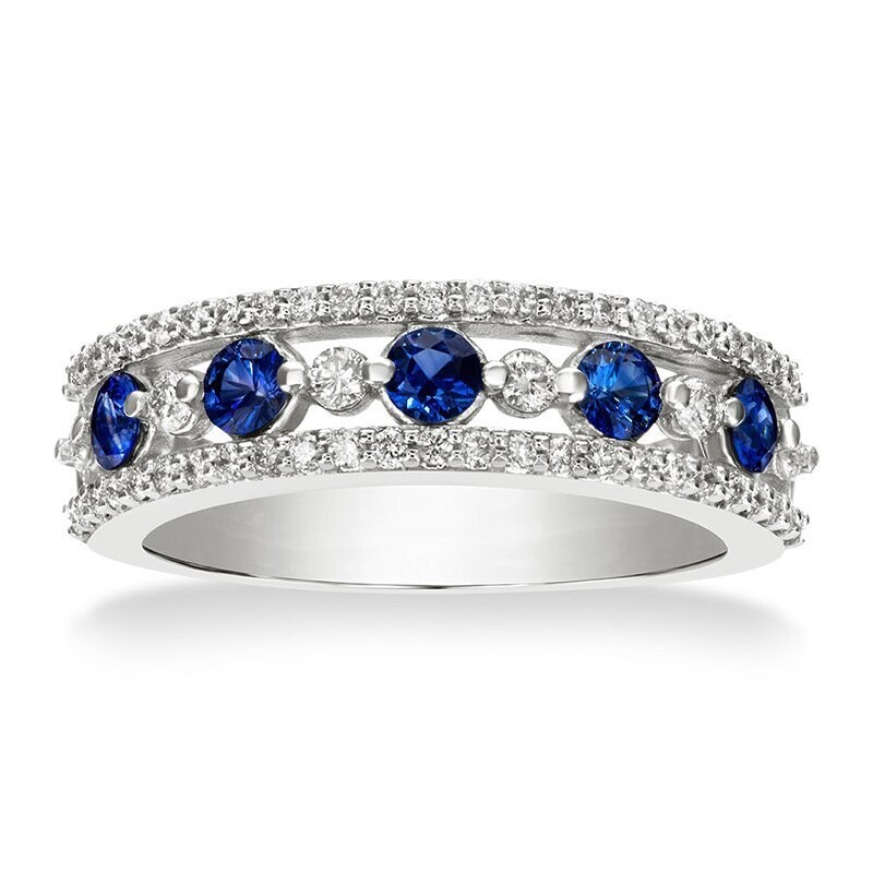 14KT White Gold Sapphire & Diamond Band