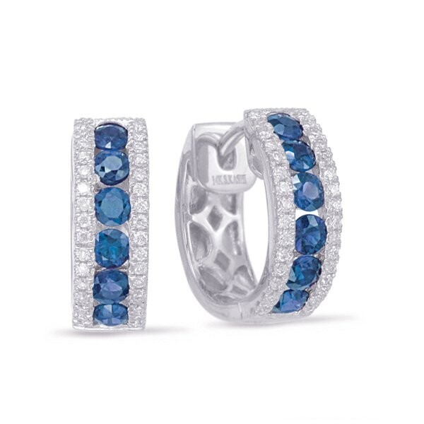 14KT White Gold Sapphire and Diamond Huggie Hoop Earrings