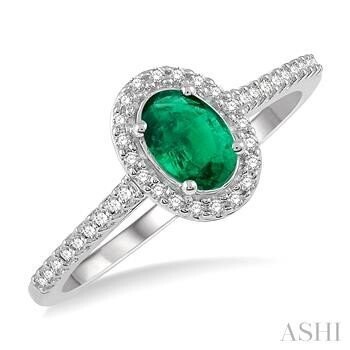 10KT White Gold Oval Emerald and Diamond Halo Ring