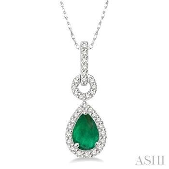 10KT White Gold Pear Emerald & Diamond Necklace