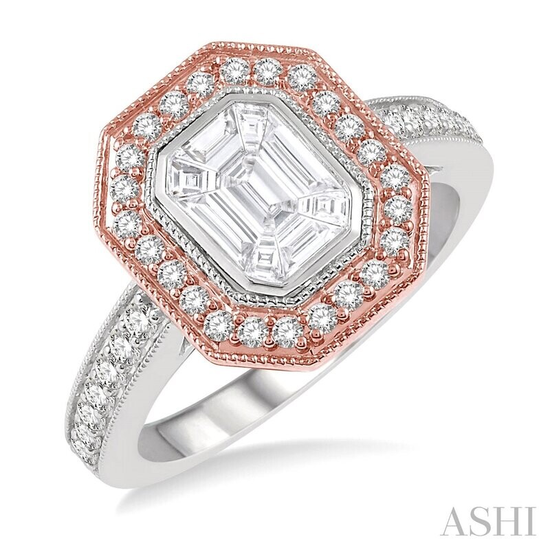 14KT TwoTone Emerald Diamond and Halo Ring