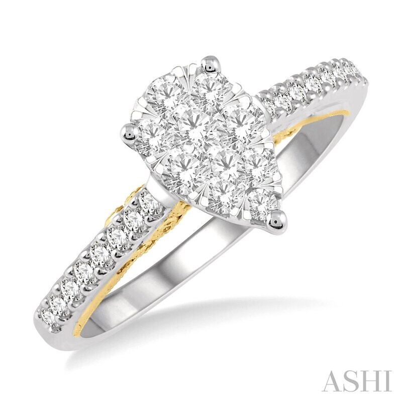 14KT TwoTone Pear Lovebright Diamond Cluster Engagement Ring