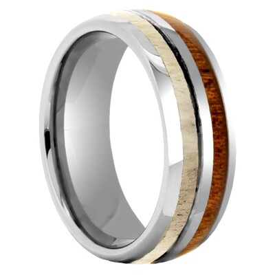 Gray Tungsten Koa Wood and Antler Inlay Band