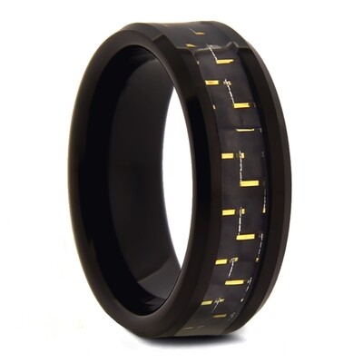 Black Tungsten with Gold and Black Carbon Fiber Band