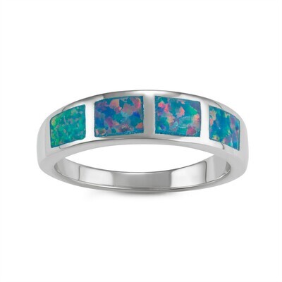 Silver Blue Green Fire Opal Squares Ring