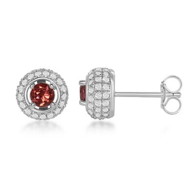 Silver Round Garnet with White Topaz Stud Earrings