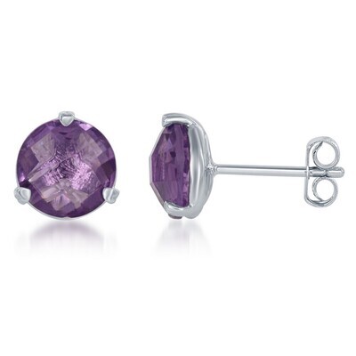 Silver Round Amethyst Stud Earrings