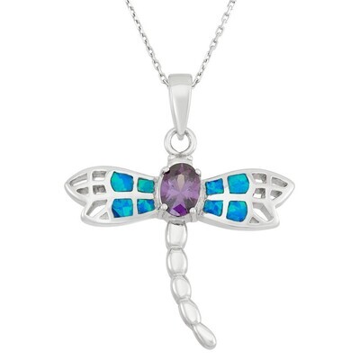 Silver Oval Purple Cubic Zirconium and Opal Dragonfly Necklace