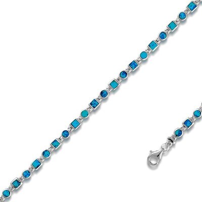 Silver Blue Opal Square and Circle Link Bracelet