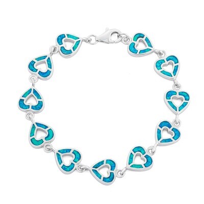 Silver Blue and White Opal Open Hearts Link Bracelet