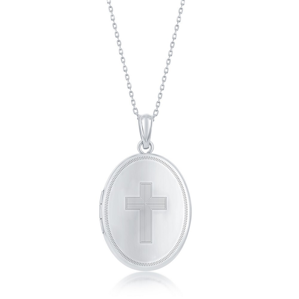 Silver Oval Etched Cross Locket