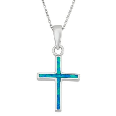 Silver Blue Opal Cross Necklace
