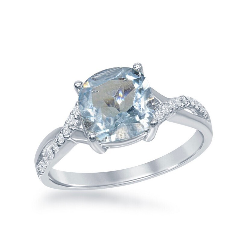 Silver Square Blue Topaz with White Topaz Ring