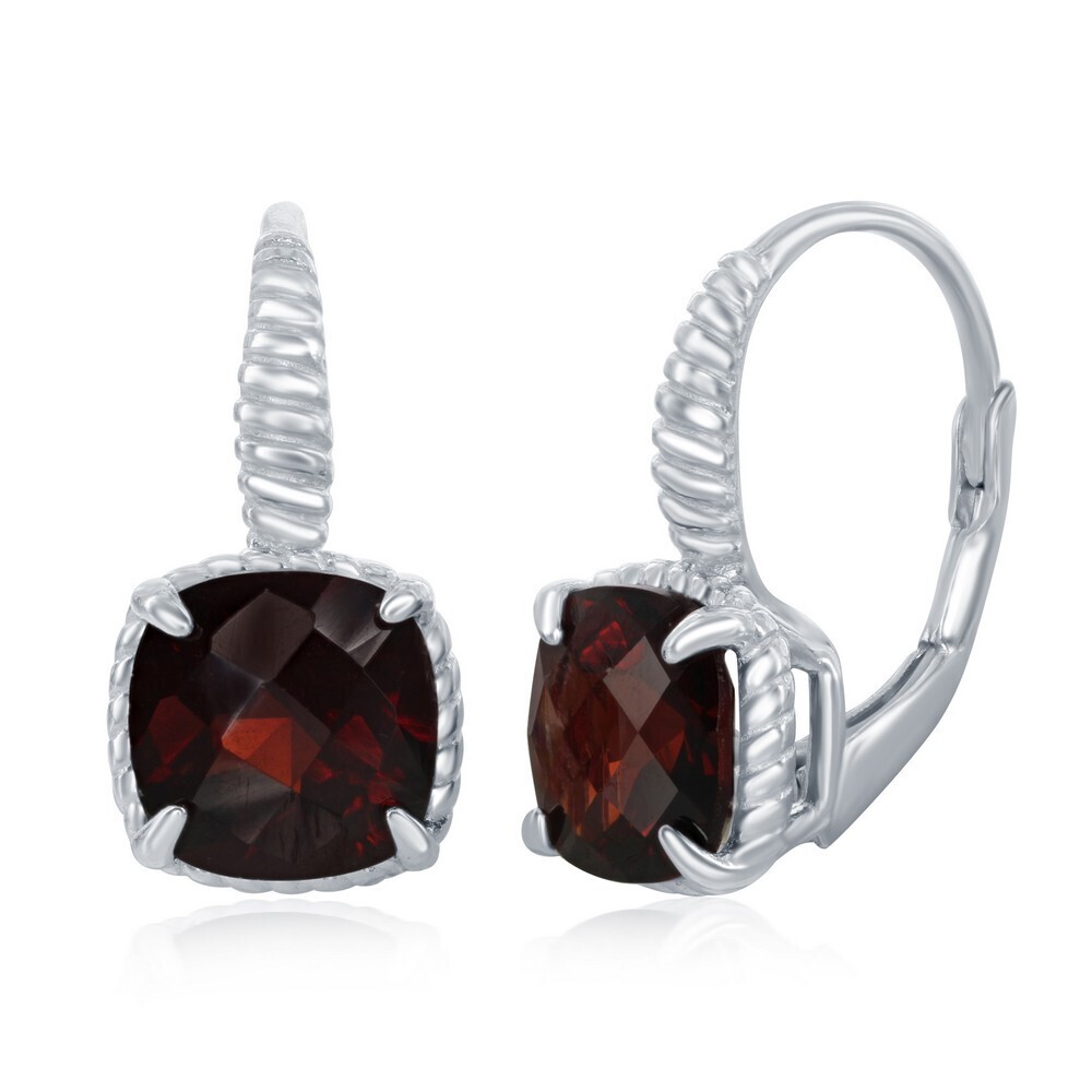 Silver Square Garnet Leverback Earrings