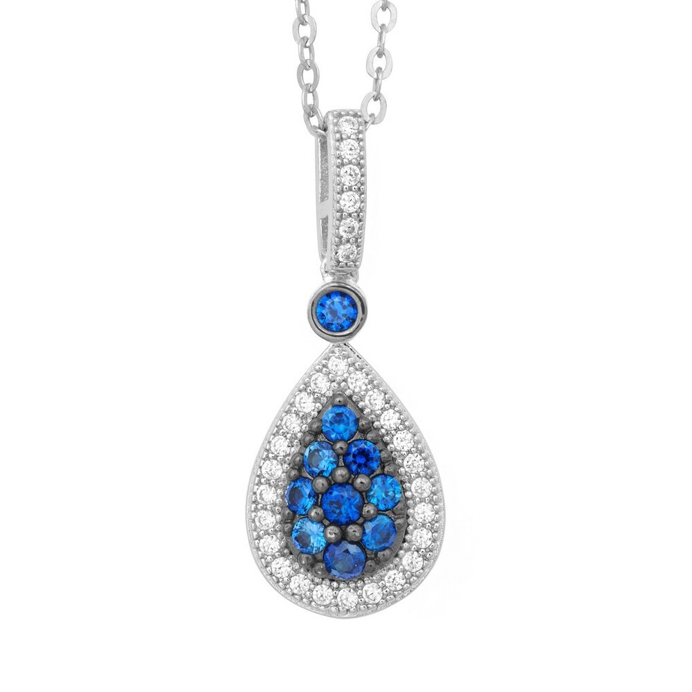 Silver Blue and White Cubic Zirconium Tearshaped Necklace