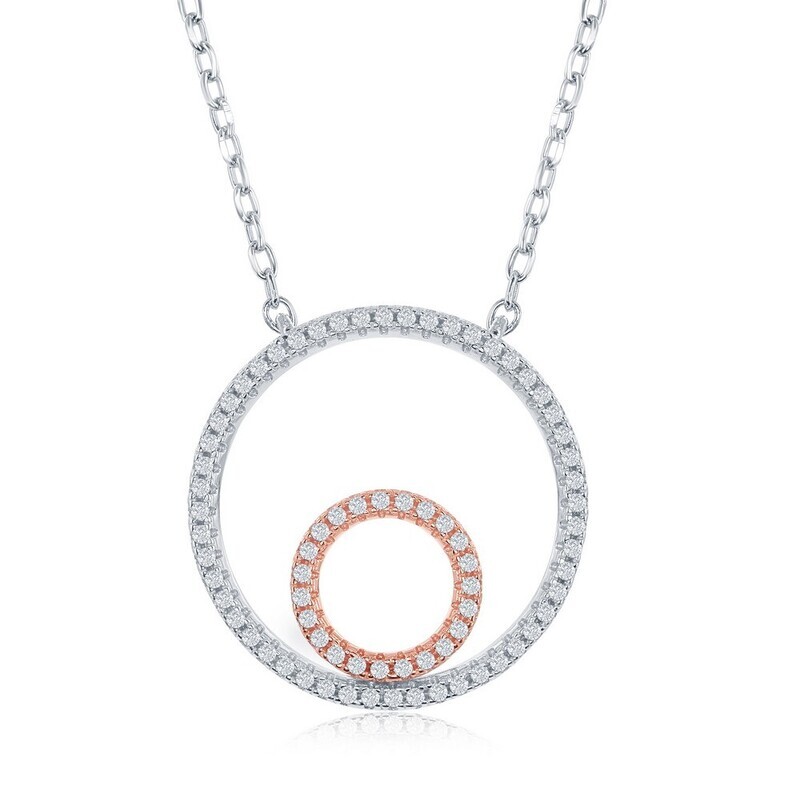 Two Tone Silver Cubic Zirconium Double Open Circle Necklace