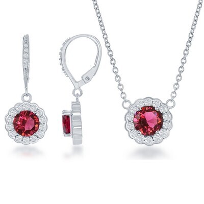 Silver Red Cubic Zirconium Earring and Necklace Set