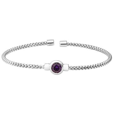 Silver Bezel Set Simulated Amethyst Rounded Box Link Cuff Bracelet
