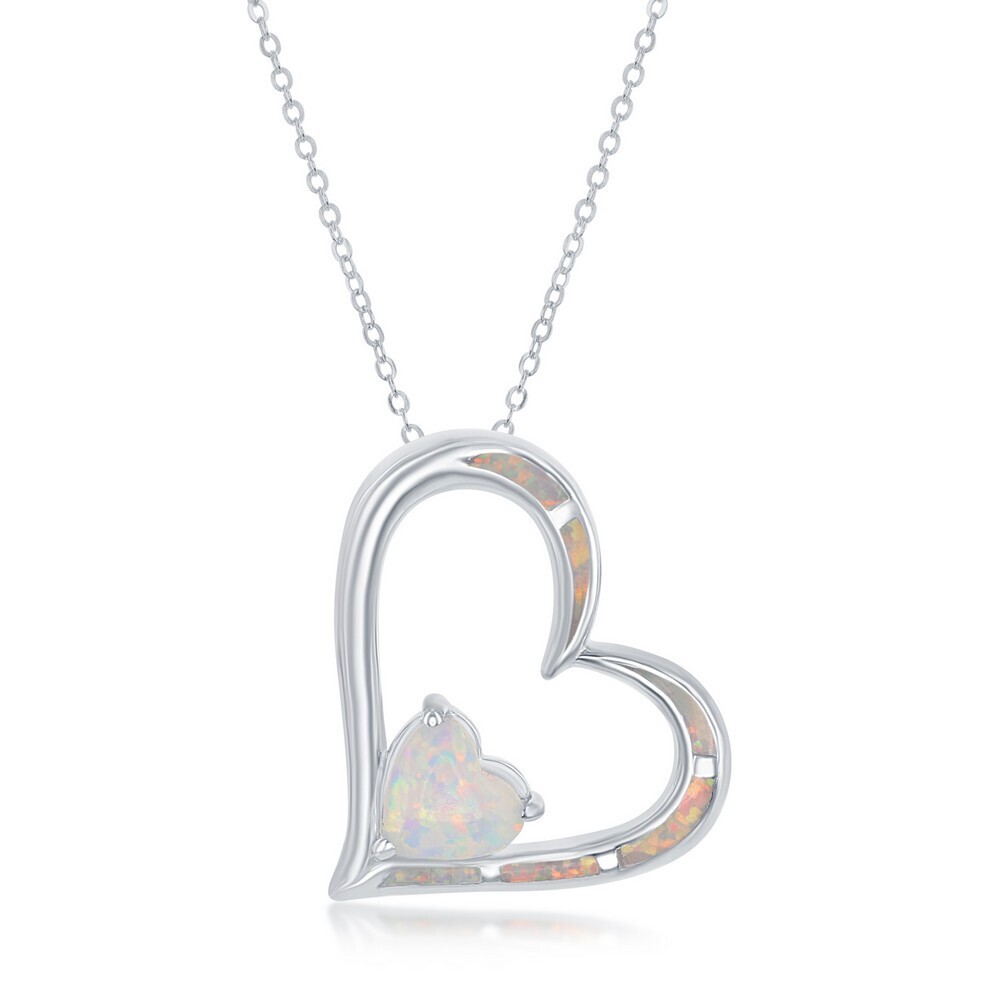 Silver White Opal Double Open Heart Necklace