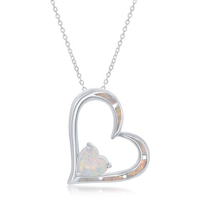 Silver White Opal Double Open Heart Necklace
