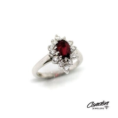 14KT White Gold Ruby with Diamond Halo Ring