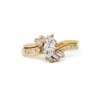 14KT Yellow Gold Marquise, Baguette, and Round Diamond Wed Set