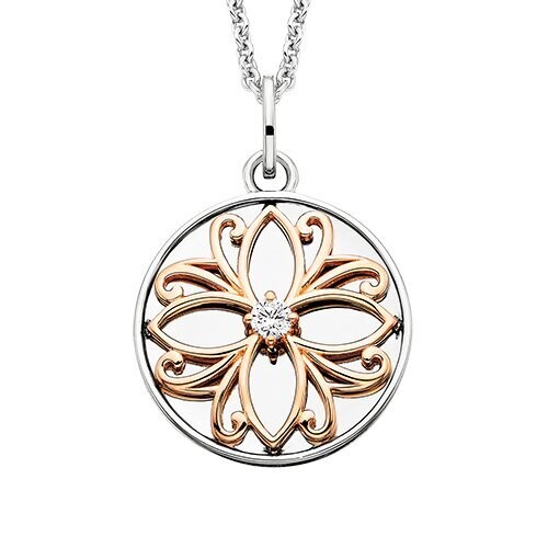 Silver TwoTone Cubic Zirconia Floral Medallion Necklace