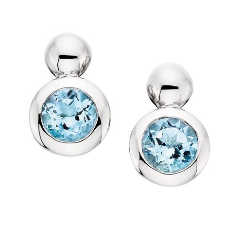 Silver Bezel Round Blue Topaz Earrings