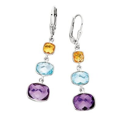 Silver Citrine, Blue Topaz, and Amethyst Leverback Earrings