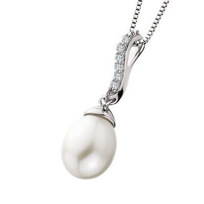 Silver Diamond Swirl and Freshwater Pearl Necklace