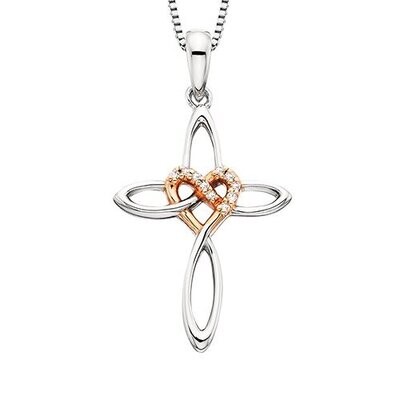 Silver TwoTone Diamond Woven Heart Cross
