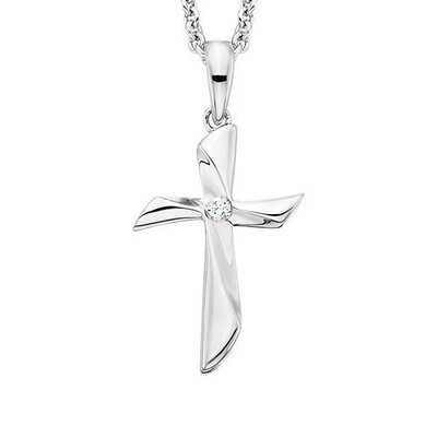 Silver Wave Solitaire Diamond Cross Necklace