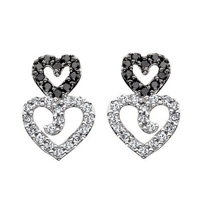10KT White Gold Black and White Diamond Heart Stud Earrings