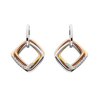 Silver TriTone Diamond Open Square Dangle Earrings