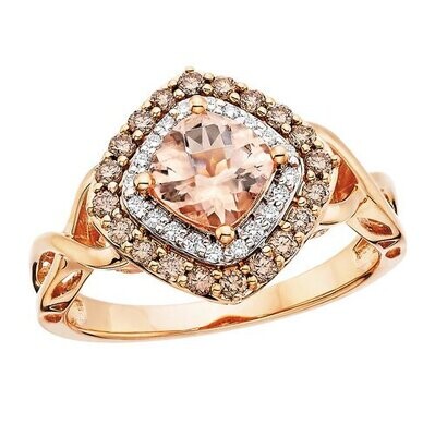 14KT Rose Gold Cushion Morganite with Brown and White Diamonds Ring