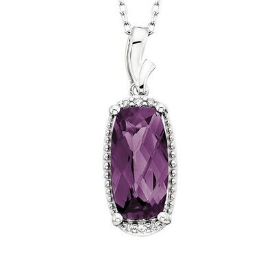 14KT White Gold Cushion Amethyst with Diamond Accents Necklace