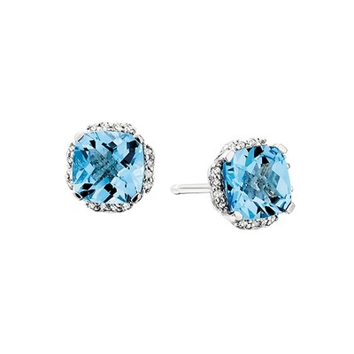 Silver Cushion Blue Topaz with Cubic Zirconium Halo Stud Earrings