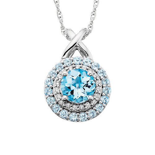 10KT White Gold Round Blue Topaz and Diamond Necklace