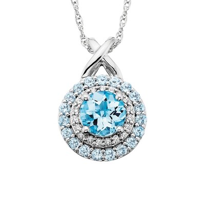 10KT White Gold Round Blue Topaz and Diamond Necklace
