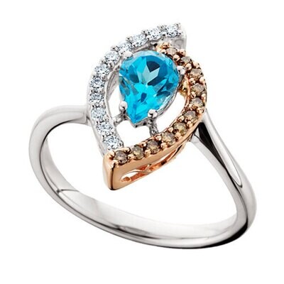 10KT TwoTone Pear Blue Topaz with Champagne and White Diamonds Ring