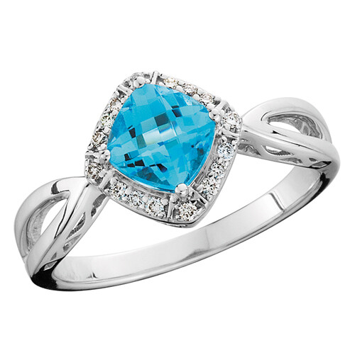 10KT White Gold Checkered Blue Topaz and Diamond Halo Ring