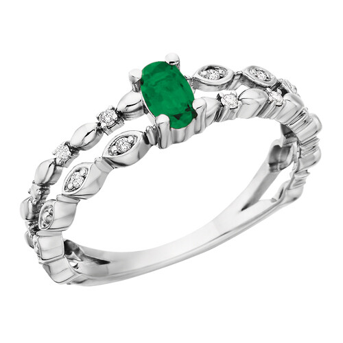 10KT White Gold Oval Emerald with Diamond Slit Shank