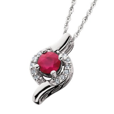 10KT White Gold Round Ruby and Diamond Swirl Necklace
