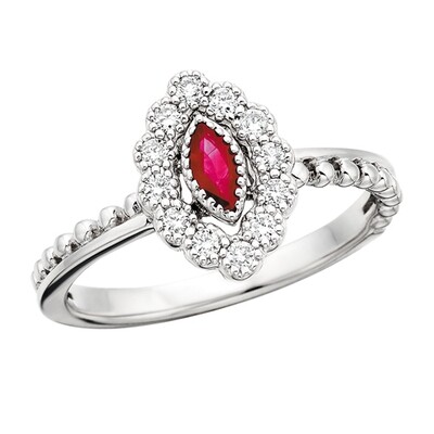 10KT White Gold Vintage Marquise Ruby and Diamonds Halo Ring