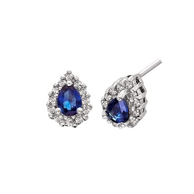 14KT White Gold Pear Sapphire and Diamond Halo Stud Earrings
